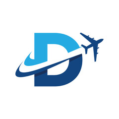 Poster - The image shows a flat logo design of an initial letter D in blue color with an airplane flying through it creating two swoosh lines. It looks clean and modern on a white background.