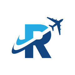 Poster - The image shows a flat logo design of an initial letter R in blue color with an airplane flying through it creating two swoosh lines. It looks clean and modern on a white background.