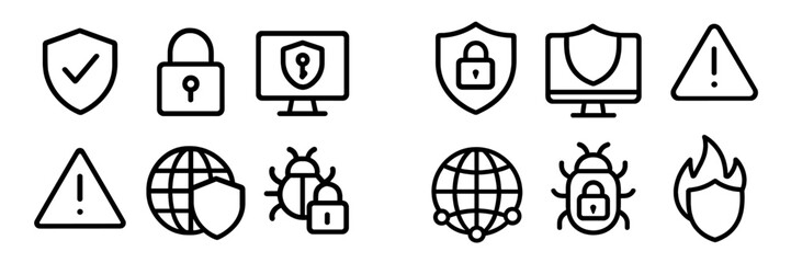 Poster - Illustration of cybersecurity icons featuring shields, locks, and alerts in a modern design suitable for technology visuals