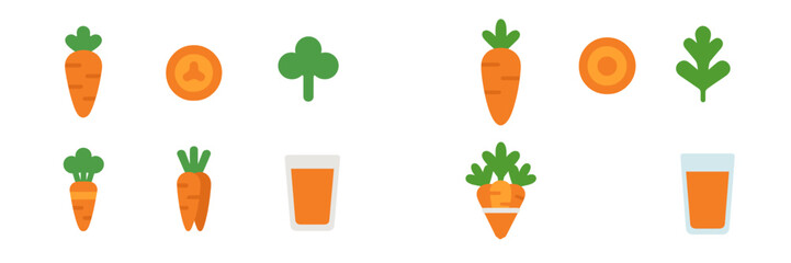 Poster - Colorful carrot illustrations with juice and green elements designed for a fun, healthy lifestyle concept