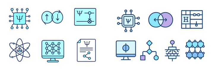 Poster - Graphics illustrating concepts of quantum computing and quantum mechanics with various symbols, diagrams, and representations