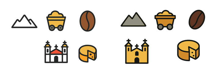 Poster - Unique icons depicting mountains, mining carts, coffee beans, churches, and cheese in a minimalist style suitable for various designs