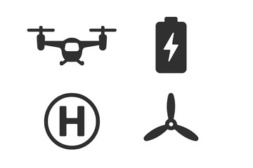 Poster - Illustration of drone, battery, helipad symbol, and propeller on a simple background showcasing aerial technology essentials