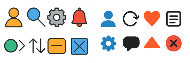 Aufkleber - Collection of colorful icons representing various user interface elements and functions in a digital application setting