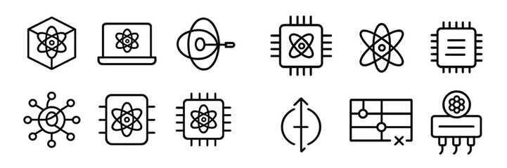 Poster - Various minimalist icons representing technology, science, and innovation with a focus on atomic and computational themes
