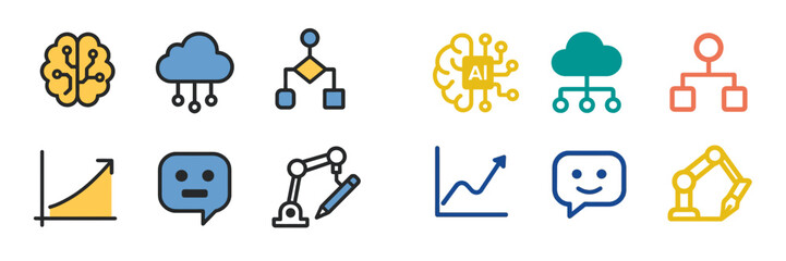 Poster - Visual representation of artificial intelligence concepts, including charts, cloud symbols, and interaction icons in a modern design