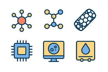 Poster - Icons representing technology and science concepts, highlighting molecular structures and computing elements for educational use