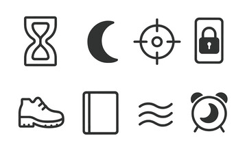 Poster - unique collection of icons representing time, nature, security, and everyday objects in a minimalist