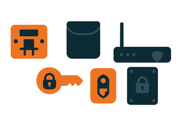 Poster - Elements of digital security represented by icons including locks, keys, and network devices on a simple background