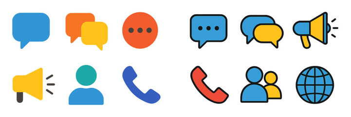 Aufkleber - Various icons representing communication methods including speech bubbles, phones, and loudspeakers in modern design style