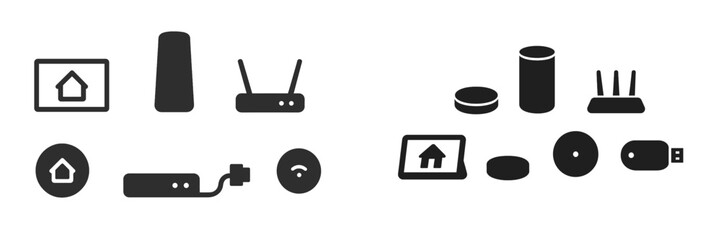Poster - Modern smart home devices arranged on a simple background showcasing various connectivity options and smart functionality