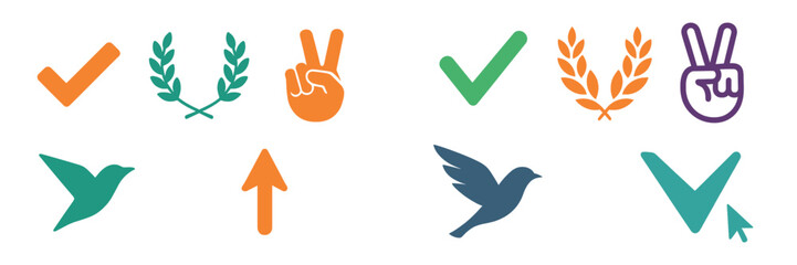 Poster - Collection of colorful icons representing various symbols such as checks, peace signs, and birds on a plain background
