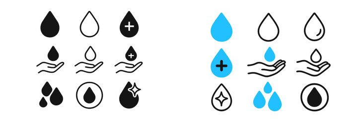 Poster - Various water droplet icons in black and blue shades featuring hands and different designs