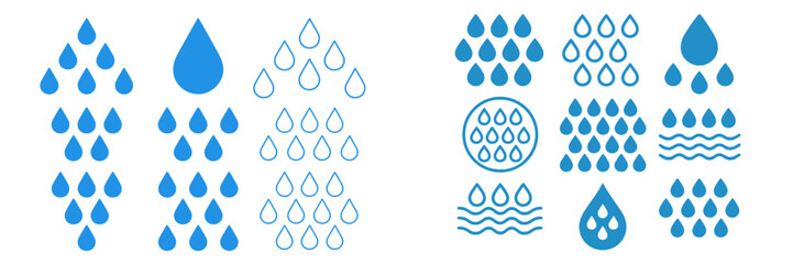 Poster - Various water droplet designs demonstrating different shapes and patterns on a white background in a creative layout