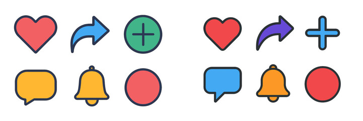 Poster - Collection of colorful social media icons featuring hearts, arrows, plus signs, and speech bubbles designed for digital communication
