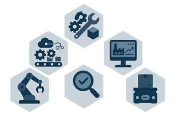 Poster - Various icons representing automation technology and industrial processes in a modern workspace