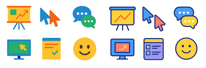 Poster - Colorful icons depicting business analytics, communication tools, and user interface elements for engaging presentations and collaboration