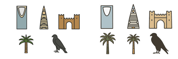Poster - Creative illustration featuring architectural structures and palm trees in a unique design style