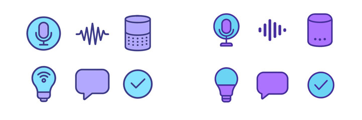 Poster - Modern smart home icons depicting voice activation, sound waves, and smart devices in a digital environment