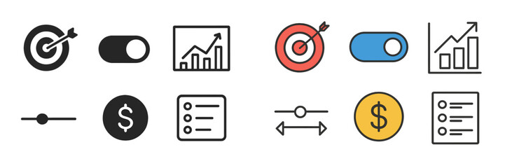 Poster - Icons representing financial growth, data analysis, and business strategy in a minimalist style found in a modern workspace