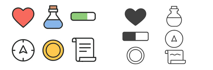 Poster - Collection of colorful and minimalist icons depicting health, potion, navigation, and document symbols