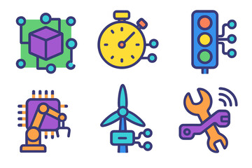 Poster - Icons representing technology, automation, and renewable energy in a colorful and modern illustration