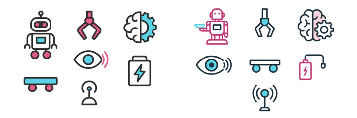 Poster - Creative collection of robot icons showcasing various futuristic technologies and concepts related to automation and artificial intelligence