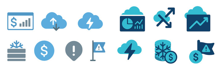Poster - Collection of financial and analytical icons representing growth, alerts, and fluctuations in data at a corporate office