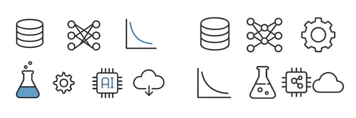 Poster - Collection of simple line icons representing data analysis, machine learning, and technology concepts in a modern design style
