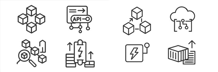 Poster - Conceptual representation of technology and data exchange featuring various icons symbolizing APIs, cloud computing, and energy storage