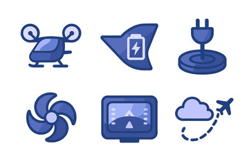 Poster - Innovative technology icons depicting energy, flight, and navigation in a minimalistic design