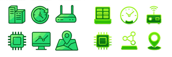 Poster - Collection of green technology icons representing various digital connectivity and data management concepts in a modern design