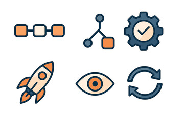 Poster - Visual representation of technology concepts featuring rocket, eye, gear, and network elements in simple design