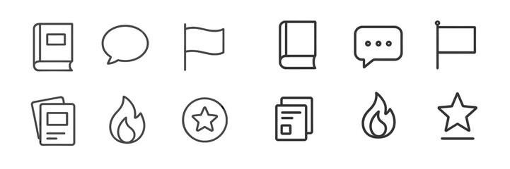 Poster - Various line icons representing books, communication, flags, and fire symbols for digital or print design use