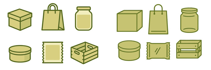 Poster - Collection of simple green packaging icons for various products and gifts on a seamless white background