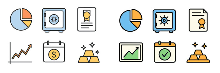 Poster - Colorful icons representing financial concepts including charts, safes, and gold bars illustrating investment ideas and growth strategies