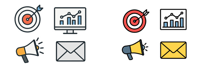 Poster - Marketing concepts depicted through symbols showcasing strategies for goals and communication channels in digital landscapes