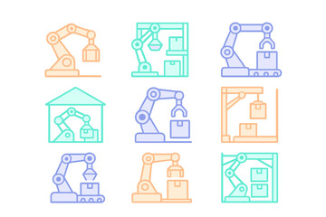 Poster - Robotic arms performing various warehouse tasks in a clean, modern environment during daylight hours