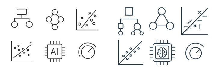 Poster - Symbols representing artificial intelligence, data analysis, and machine learning concepts showcased in a clean design on a white background
