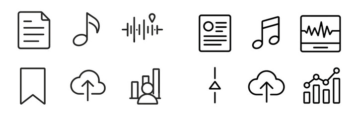 Poster - Various icons representing digital media, data, and music in a minimalist design