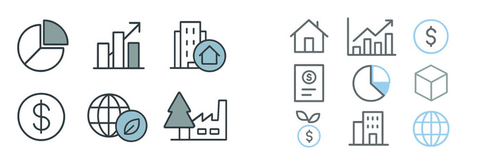 Poster - Data and financial icons representing business growth, sustainability, and investment strategies illustrated in a modern style