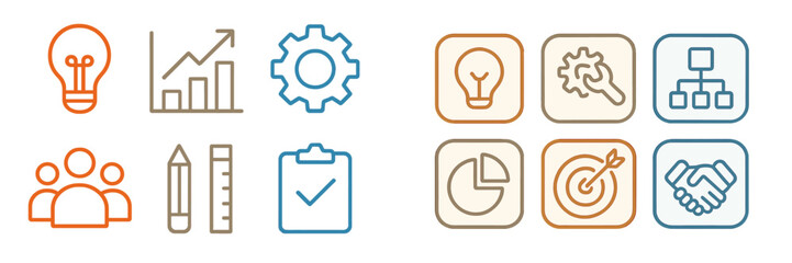 Poster - Business concepts illustrated through icons depicting ideas, metrics, teamwork, and strategy development in a modern office environment