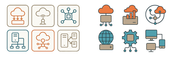 Poster - Digital cloud computing icons showcasing various network structures and data management concepts in a modern design
