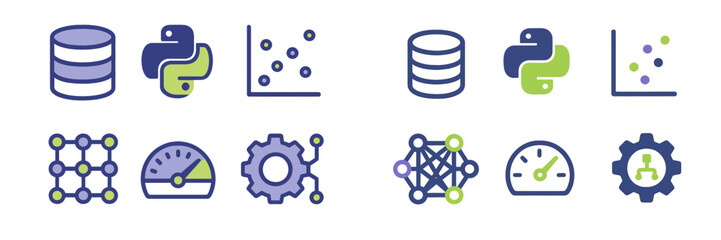 Poster - Icons representing data science tools and techniques for educational or professional purposes in various colors and designs