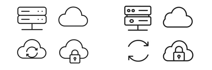 Poster - Cloud computing icons depicting data storage, synchronization, and security features in a minimalistic style