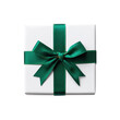 © Yuni - A square white gift box with a teal ribbon and bow