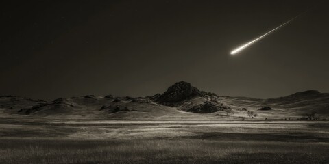 Wall Mural - Serene Landscape Under a Starlit Sky with a Bright Meteor Shower Casting Light Over Distant Hills and Open Fields in Monochrome Tones