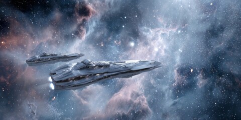 Wall Mural - Futuristic Spaceships Traveling Through Colorful Nebula in Vast Outer Space Full of Stars and Cosmic Dust with Glowing Effects and Dramatic Lighting