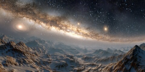 Wall Mural - Breathtaking Cosmic Landscape Featuring Majestic Mountain Ranges Under a Brilliant Starry Sky with a Glowing Galactic Band in the Background