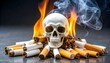 © Moon - Smoking danger concept featuring skull among burnt cigarette butts and small flame.